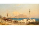 une image représentant un tableau montrant des bateaux sur une plage près d'un phare