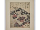 an old japanese painting of a man and a dog on a bridge