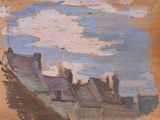 une image représentant un tableau où l'on voit un ciel nuageux au-dessus d'une ville