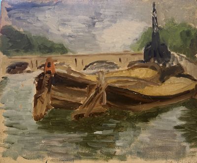a painting of a boat in the water with a mountain in the background