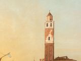 a painting of a clock tower in the middle of the water