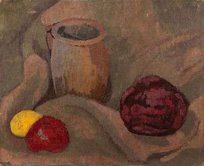 une peinture représentant une tasse de café et un fruit posés sur une nappe