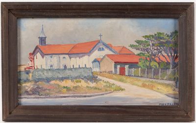 une peinture à l'huile représentant une église au toit rouge et au clocher