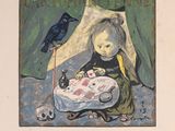 a painting of a child and a bird on a table