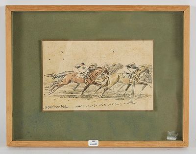 tableau représentant une course hippique avec des jockeys et des cavaliers à cheval