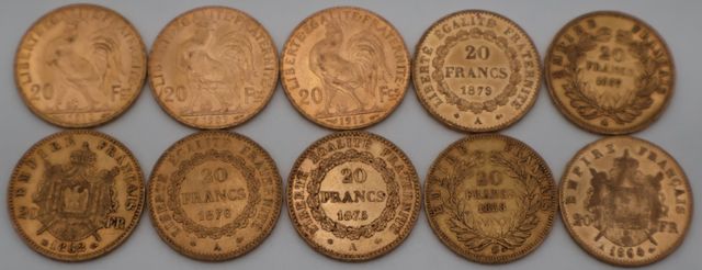 Dix pièces de monnaie en or à valeur faciale de vingt francs (dif...