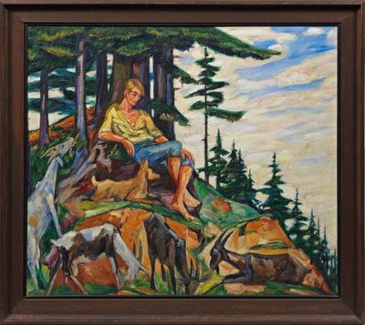 une peinture à l'huile représentant un homme assis au sommet d'une colline, entouré d'animaux