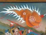 a painting of a man riding a horse with a dragon on it