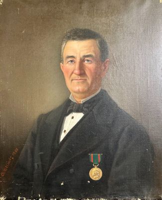 un vieux tableau représentant un homme en costume et nœud papillon