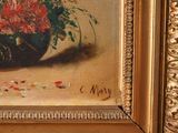 a painting of flowers in a vase on a table