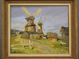 une peinture à l'huile représentant un moulin à vent dans un champ, à côté d'un bâtiment
