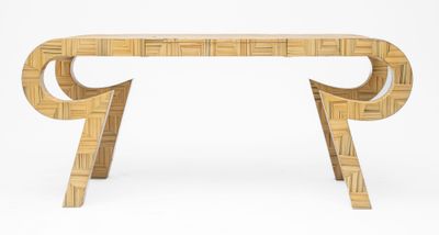 an image of a wooden table with a curved design