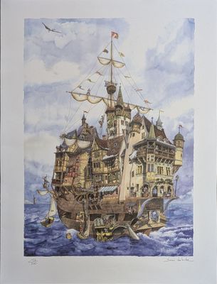 une image représentant un tableau d'un bateau pirate en pleine mer