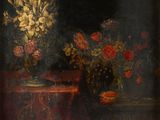 peinture d'une nature morte de fleurs et de fruits sur une table