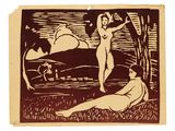 gravure sur bois représentant une femme et un homme dans un champ parsemé d'arbres