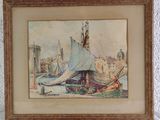 painting of a sailboat in a body of water with a castle in the background