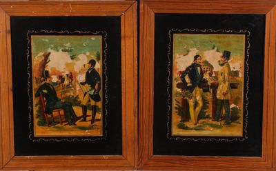 two framed paintings of a man and a woman standing next to each other