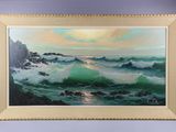 une peinture à l'huile représentant un tableau où l'on voit des vagues déferler dans l'océan