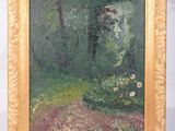 une peinture à l'huile représentant une scène forestière avec des fleurs au premier plan