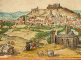 an image of a painting of a village with a castle in the background
