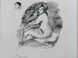 a black and white drawing of a woman sitting in a chair