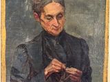 un vieux tableau représentant une femme vêtue d'une veste noire tenant un morceau de tissu