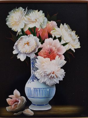 a painting of flowers in a blue vase on a table