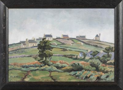 une image représentant un tableau représentant un paysage avec des maisons sur une colline