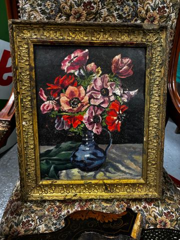 « Nature morte au bouquet ». Huile sur carton. Signée Raymond et ...