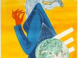 a painting of a woman in a blue dress holding a globe