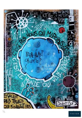 a painting of a blue planet with writing on it