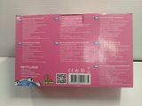 the back of a pink box with a picture of a cat on it