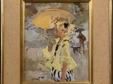 une peinture à l'huile représentant une femme en robe jaune, tenant un parapluie jaune