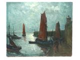 painting of sailboats in a harbor with a lighthouse in the background