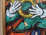 a picture of a painting of a clown playing a trumpet