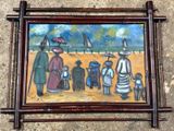 a picture of a painting of a family on the beach