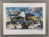 painting of a woman riding a horse in a field with sheep