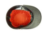 a black hat with a red ruffle around the brim