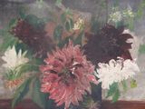 a painting of flowers in a vase on a table