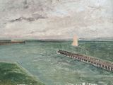 a painting of a sailboat on the water near a pier