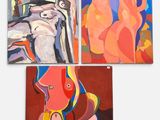 trois tableaux représentant une femme et un homme sur fond blanc