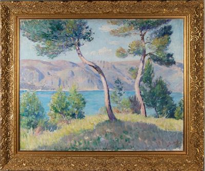 une peinture à l'huile représentant deux arbres sur une colline surplombant un plan d'eau