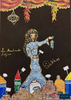 un tableau représentant une femme en robe bleue debout devant une table couverte de condiments
