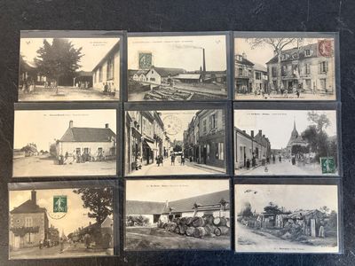 several old black and white photographs of a town with horses and carriages