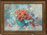 a painting of roses in a vase on a table