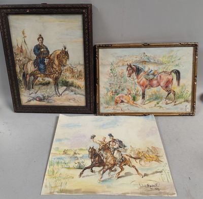 trois tableaux encadrés représentant des hommes à cheval et un chien