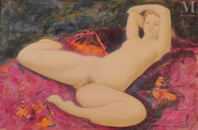 BONNEFOIT Alain (1937-) Nu féminin au drapé fleuris, 1985