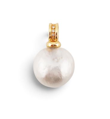a white pearl and diamond pendant on a white background