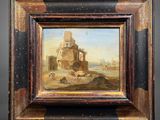 an oil painting of a landscape with a castle in the background