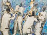 un tableau représentant un groupe d'hommes en uniformes blancs jouant de la musique